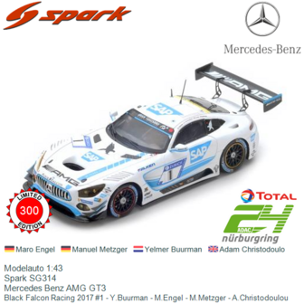 Modelauto 1:43 | Spark SG314 | Mercedes Benz AMG GT3 | Black Falcon Racing 2017 #1 - Y.Buurman - M.Engel - M.Metzger - A.Christ