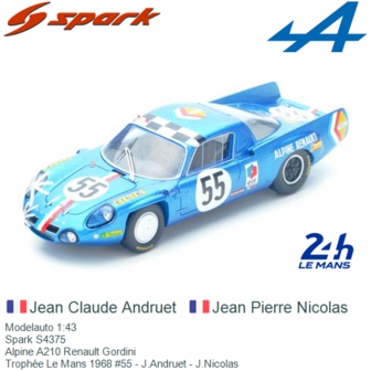 Modelauto 1:43 | Spark S4375 | Alpine A210 Renault Gordini | Troph&eacute;e Le Mans 1968 #55 - J.Andruet - J.Nicolas