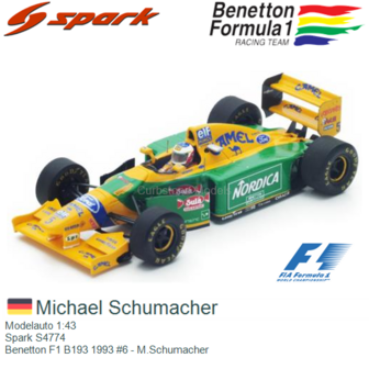 Modelauto 1:43 | Spark S4774 | Benetton F1 B193 1993 #6 - M.Schumacher