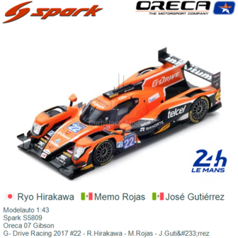 Modelauto 1:43 | Spark S5809 | Oreca 07 Gibson | G- Drive Racing 2017 #22 - R.Hirakawa - M.Rojas - J.Guti&amp;#233;rrez