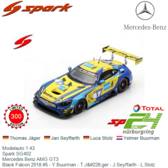 Modelauto 1:43 | Spark SG402 | Mercedes Benz AMG GT3 | Black Falcon 2018 #5 - Y.Buurman - T.J&amp;#228;ger - J.Seyffarth - L.St