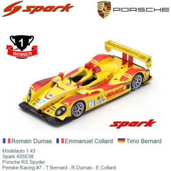 Modelauto 1:43 | Spark 43SE08 | Porsche RS Spyder | Penske Racing #7 - T.Bernard - R.Dumas - E.Collard