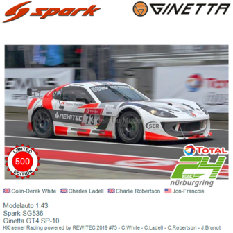 Modelauto 1:43 | Spark SG536 | Ginetta GT4 SP-10 | KKraemer Racing powered by REWITEC 2019 #73 - C.White - C.Ladell - C.Roberts