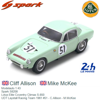 Modelauto 1:43 | Spark S8208 | Lotus Elite Coventry Climax S-850 | UDT Laystall Racing Team 1961 #51 - C.Allison - M.McKee 