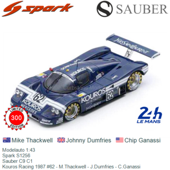 Modelauto 1:43 | Spark S1256 | Sauber C9 C1 | Kouros Racing 1987 #62 - M.Thackwell - J.Dumfries - C.Ganassi