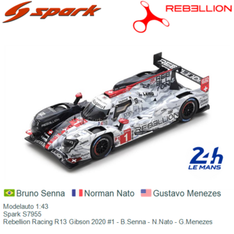 Modelauto 1:43 | Spark S7955 | Rebellion Racing R13 Gibson 2020 #1 - B.Senna - N.Nato - G.Menezes