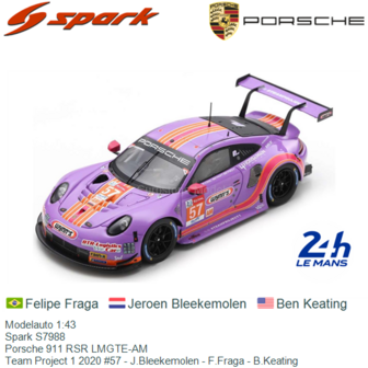 Modelauto 1:43 | Spark S7988 | Porsche 911 RSR LMGTE-AM | Team Project 1 2020 #57 - J.Bleekemolen - F.Fraga - B.Keating