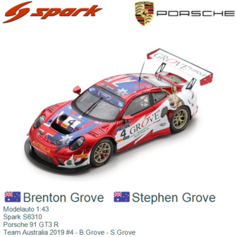 Modelauto 1:43 | Spark S6310 | Porsche 91 GT3 R | Team Australia 2019 #4 - B.Grove - S.Grove