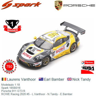 Modelauto 1:18 | Spark 18SB016 | Porsche 911 GT3 R | ROWE Racing 2020 #5 - L.Vanthoor - N.Tandy - E.Bamber