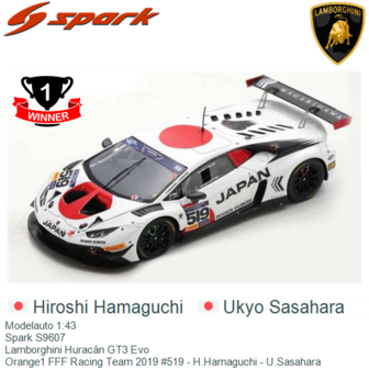 Modelauto 1:43 | Spark S9607 | Lamborghini Hurac&aacute;n GT3 Evo | Orange1 FFF Racing Team 2019 #519 - H.Hamaguchi - U.Sasahara