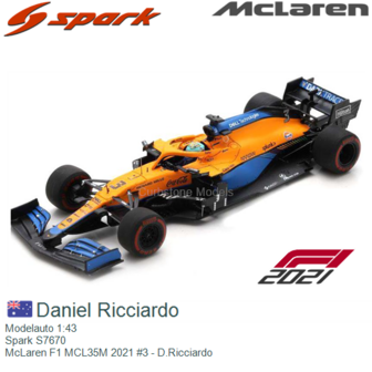 Modelauto 1:43 | Spark S7670 | McLaren F1 MCL35M 2021 #3 - D.Ricciardo