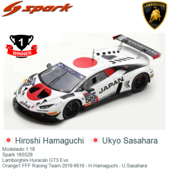 Modelauto 1:18 | Spark 18S529 | Lamborghini Hurac&aacute;n GT3 Evo | Orange1 FFF Racing Team 2019 #519 - H.Hamaguchi - U.Sasahara