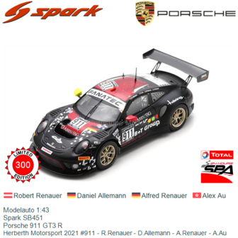 Modelauto 1:43 | Spark SB451 | Porsche 911 GT3 R | Herberth Motorsport 2021 #911 - R.Renauer - D.Allemann - A.Renauer - A.Au