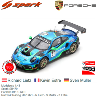 Modelauto 1:43 | Spark SB479 | Porsche 911 GT3 R | Rutronik Racing 2021 #21 - R.Lietz - S.Muller - K.Estre