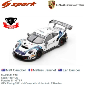 Modelauto 1:18 | Spark 18SP129 | Porsche 911 GT3 R | GPX Racing 2021 - M.Campbell - M.Jaminet - E.Bamber