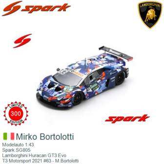 Modelauto 1:43 | Spark SG805 | Lamborghini Huracan GT3 Evo | T3 Motorsport 2021 #63 - M.Bortolotti