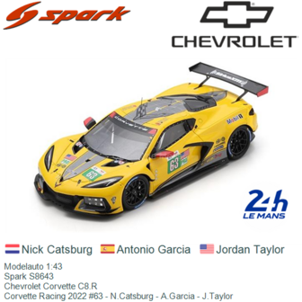 Modelauto 1:43 | Spark S8643 | Chevrolet Corvette C8.R | Corvette Racing 2022 #63 - N.Catsburg - A.Garcia - J.Taylor