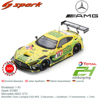 Modelauto 1:43 | Spark SG861 | Mercedes AMG GT3 | Mannfilter Team Landgraf 2022 #55 - D.Baumann - J.Apotheloz - P.Assenheimer -