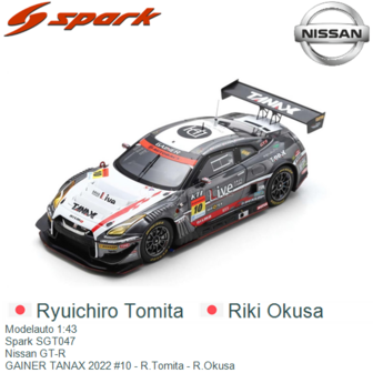 Modelauto 1:43 | Spark SGT047 | Nissan GT-R | GAINER TANAX 2022 #10 - R.Tomita - R.Okusa 