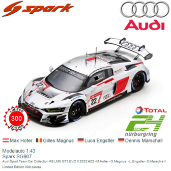 Modelauto 1:43 | Spark SG907 | Audi Sport Team Car Collection R8 LMS GT3 EVO II 2023 #22 - M.Hofer - G.Magnus  - L.Engstler - D