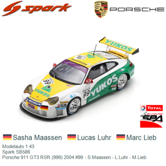 Modelauto 1:43 | Spark SB586 | Porsche 911 GT3 RSR (996) 2004 #99 - S.Maassen - L.Luhr - M.Lieb