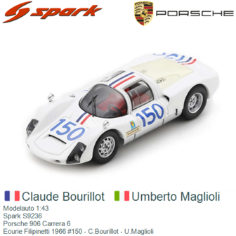 Modelauto 1:43 | Spark S9236 | Porsche 906 Carrera 6 | Ecurie Filipinetti 1966 #150 - C.Bourillot - U.Maglioli