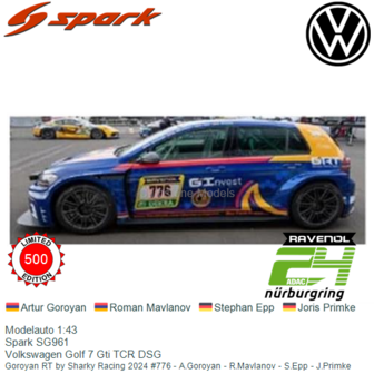 Modelauto 1:43 | Spark SG961 | Volkswagen Golf 7 Gti TCR DSG | Goroyan RT by Sharky Racing 2024 #776 - A.Goroyan - R.Mavlanov -