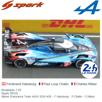 Modelauto 1:43 | Spark S9122 | Alpine Endurance Team A424 2024 #35 - F.Habsburg - P.Chatin - C.Milesi