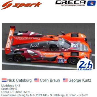 Modelauto 1:43 | Spark S9142 | Oreca 07 Gibson LMP2 | Crowdstrike Racing by APR 2024 #45 - N.Catsburg - C.Braun - G.Kurtz