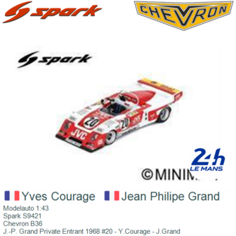 Modelauto 1:43 | Spark S9421 | Chevron B36 | J.-P. Grand Private Entrant 1968 #20 - Y.Courage - J.Grand