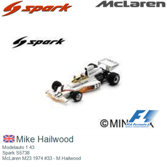 Modelauto 1:43 | Spark S5738 | McLaren M23 1974 #33 - M.Hailwood