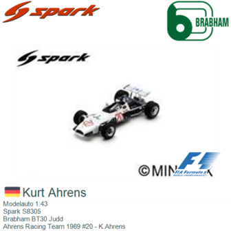 Modelauto 1:43 | Spark S8305 | Brabham BT30 Judd | Ahrens Racing Team 1969 #20 - K.Ahrens