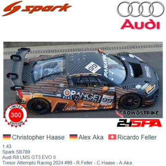 1:43 | Spark SB789 | Audi R8 LMS GT3 EVO II | Tresor Attempto Racing 2024 #99 - R.Feller - C.Haase - A.Aka