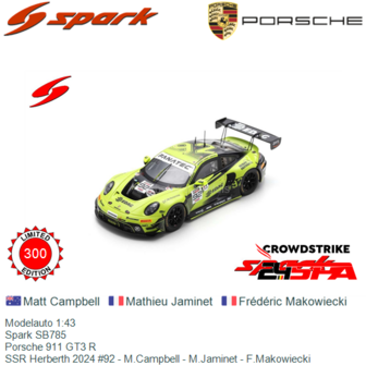 Modelauto 1:43 | Spark SB785 | Porsche 911 GT3 R | SSR Herberth 2024 #92 - M.Campbell - M.Jaminet - F.Makowiecki