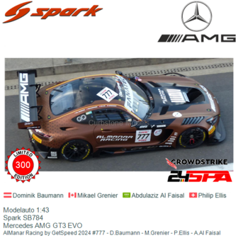 Modelauto 1:43 | Spark SB784 | Mercedes AMG GT3 EVO | AlManar Racing by GetSpeed 2024 #777 - D.Baumann - M.Grenier - P.Ellis - 