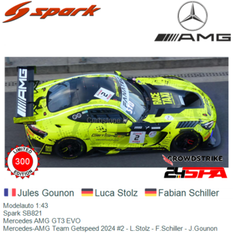 Modelauto 1:43 | Spark SB821 | Mercedes AMG GT3 EVO | Mercedes-AMG Team Getspeed 2024 #2 - L.Stolz - F.Schiller - J.Gounon