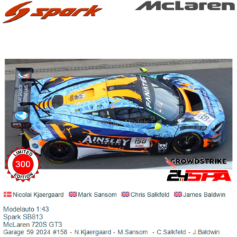 Modelauto 1:43 | Spark SB813 | McLaren 720S GT3 | Garage 59 2024 #158 - N.Kjaergaard - M.Sansom  - C.Salkfeld - J.Baldwin