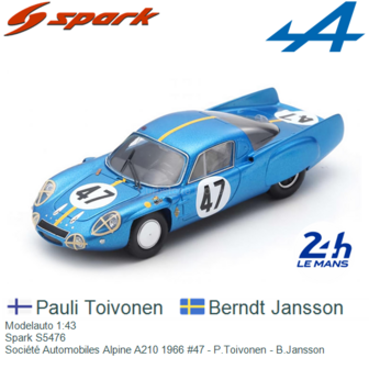 Modelauto 1:43 | Spark S5476 | Soci&eacute;t&eacute; Automobiles Alpine A210 1966 #47 - P.Toivonen - B.Jansson