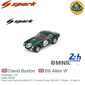 Modelauto 1:43 | Spark S8202 | Team Lotus Engineering Elite GT1.3 Coventry Climax 1960 #42 - D.Buxton  - B.Allen W