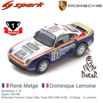 Modelauto 1:18 | Spark 18S789 | Rothmans Porsche Dakar Rally Team 959 1986 #186 - R.Metge - D.Lemoine