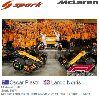 Modelauto 1:43 | Spark S9571 | McLaren Formula One Team MCL38 2024 #4 - #81 - O.Piastri - L.Norris