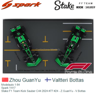 Modelauto 1:64 | Spark Y417 | Stake F1 Team Kick Sauber C44 2024 #77 #24 - Z.GuanYu - V.Bottas