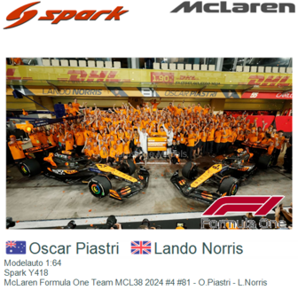 Modelauto 1:64 | Spark Y418 | McLaren Formula One Team MCL38 2024 #4 #81 - O.Piastri - L.Norris