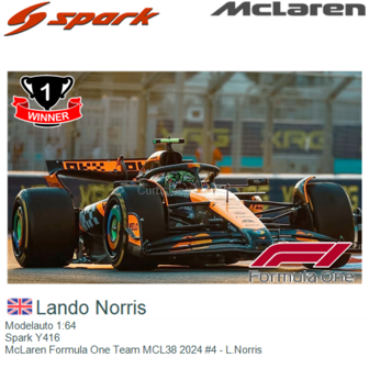 Modelauto 1:64 | Spark Y416 | McLaren Formula One Team MCL38 2024 #4 - L.Norris