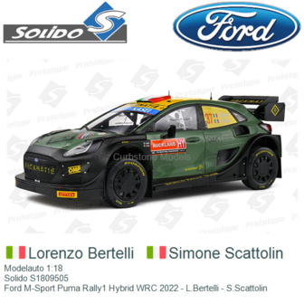 Modelauto 1:18 | Solido S1809505 | Ford M-Sport Puma Rally1 Hybrid WRC 2022 - L.Bertelli - S.Scattolin