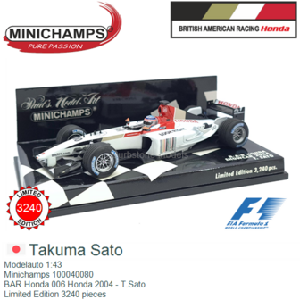 Modelauto 1:43 | Minichamps 100040080 | BAR Honda 006 Honda 2004 - T.Sato