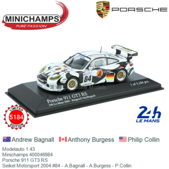 Modelauto 1:43 | Minichamps 400046984 | Porsche 911 GT3 RS | Seikel Motorsport 2004 #84 - A.Bagnall - A.Burgess - P.Collin