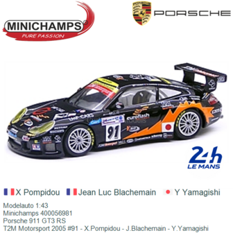 Modelauto 1:43 | Minichamps 400056981 | Porsche 911 GT3 RS | T2M Motorsport 2005 #91 - X.Pompidou - J.Blachemain - Y.Yamagishi