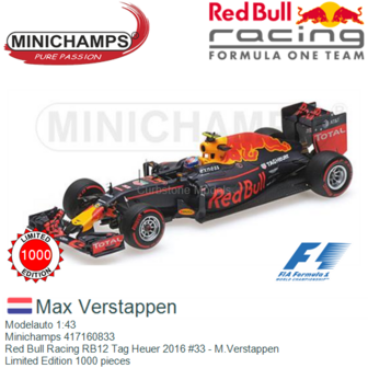 Modelauto 1:43 | Minichamps 417160833 | Red Bull Racing RB12 Tag Heuer 2016 #33 - M.Verstappen