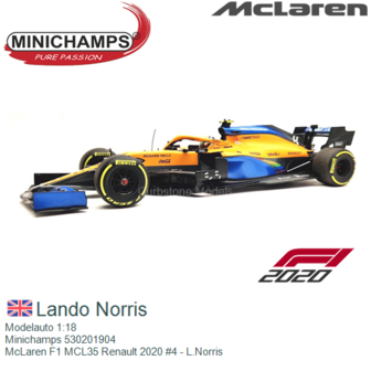 Modelauto 1:18 | Minichamps 530201904 | McLaren F1 MCL35 Renault 2020 #4 - L.Norris